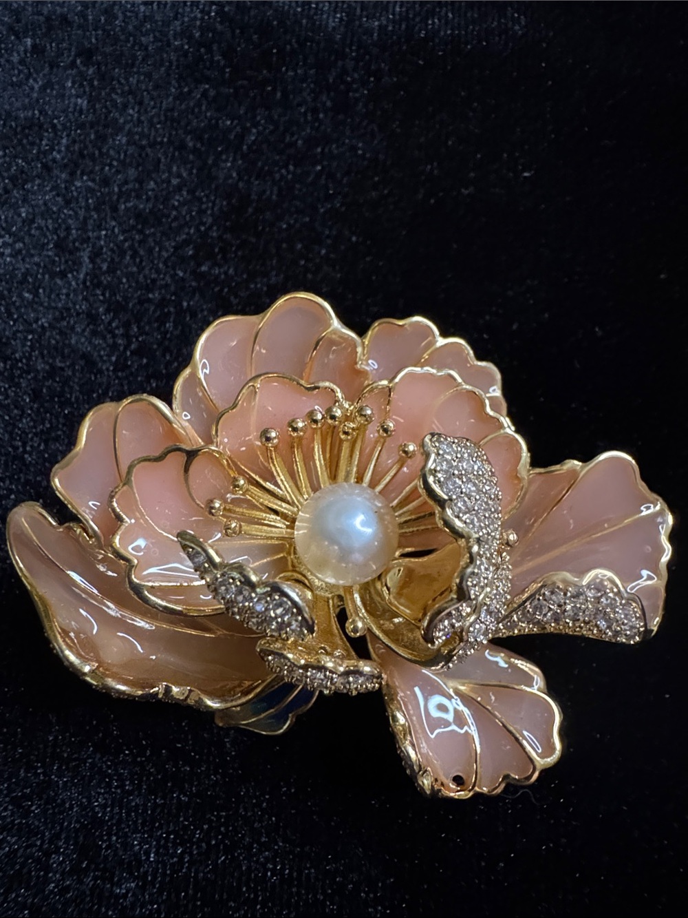 Gold-Tone Pink Enamel Flower Brooch with Real Pearl Center